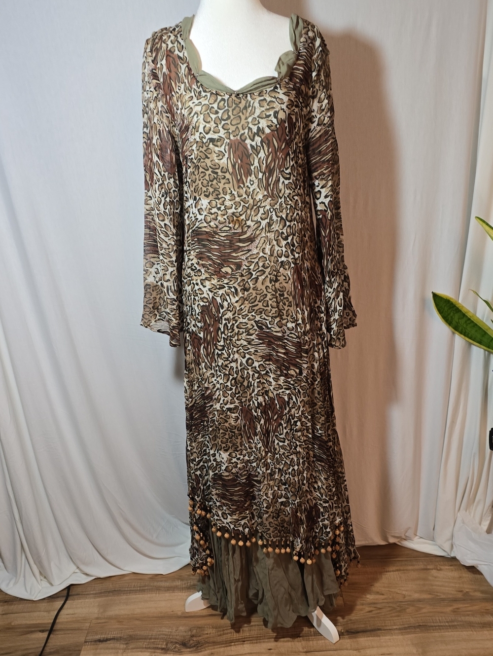 Ashro Brown and Cream Animal-Print Maxi Dress with Beaded Fringe